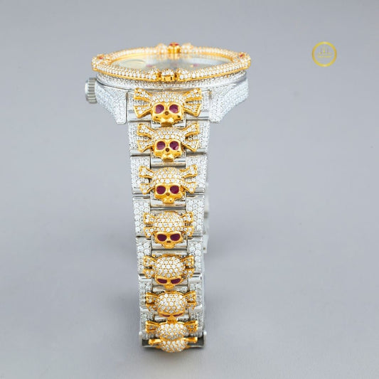 Full Iced Out Diamond Watch with Ruby Hour Markers & Custom Floral Link Band - View 2