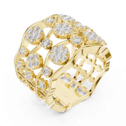 Round Moissanite Diamond Floral Wide Band Ring
