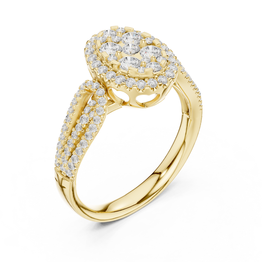 0.82 TCW Cluster Lab Grown Diamond Ring in Radiant with Double Halo & Split Shank Detailing