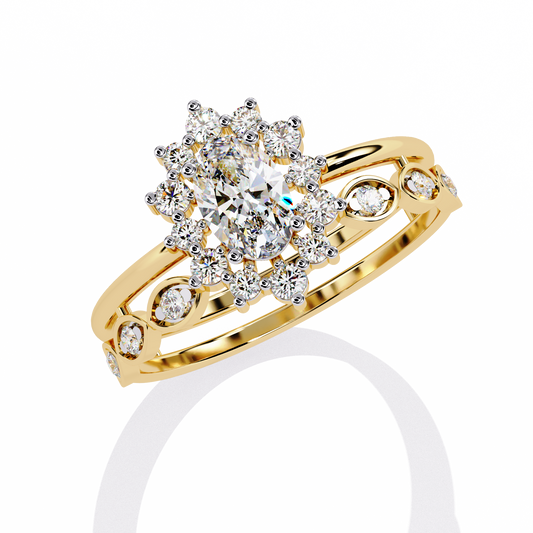 Lab Grown Diamond Oval Cut Floral Halo Ring With Double Band