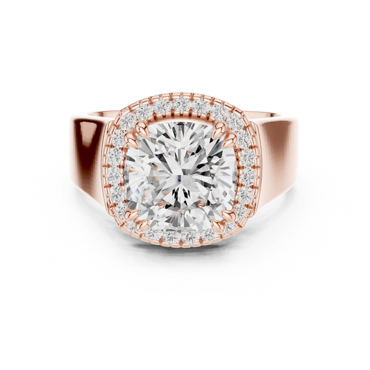 1.56 CT Bold Cushion Cut Moissanite Diamond Halo Ring in Gold with Thick Comfort Fit Band