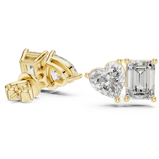 Dual Spark Heart & Emerald Cut Lab Diamond Stud Earrings