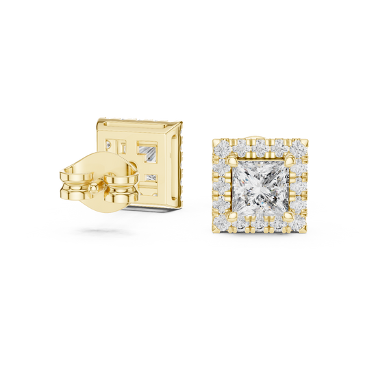 Royal Square Princess Moissanite Diamond Stud Earrings with Halo Round Diamond