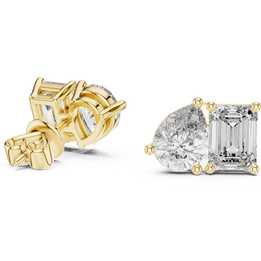 Modern Lab Diamond Stud Earrings Featuring Emerald Cut and Pear Cut Duo
