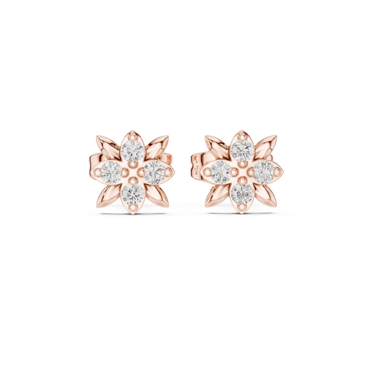 Leaf Petal Round Lab Diamond Flower Stud Earrings with Cluster Center
