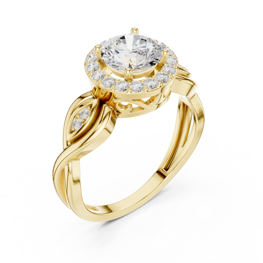 Round Cut Halo Moissanite Diamond Ring with Sculpted Petal Accents