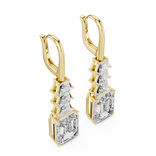 Tiered Step Emerald Cut Moissanite Diamond Drop Earrings Graduated Pyramid Design