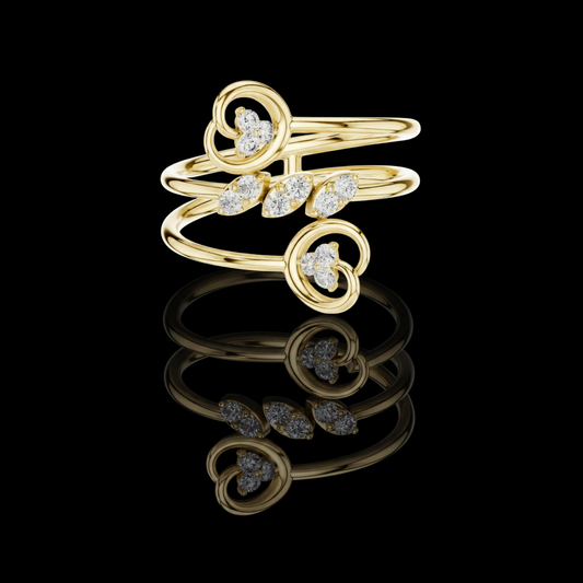 0.16 TCW Golden Vine Embrace Ring with Moissanite Diamond Leaf Clusters and Artistic Spiral Sweep Design