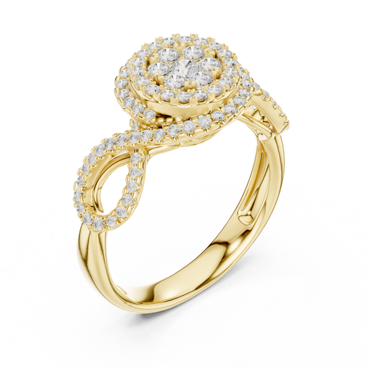 0.66 TCW Double Halo Lab Grown Diamond Ring with Elegant Twist Shank Accents
