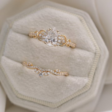 2.00 CT Teardrop Pear Shaped Ring Set with Halo Accents & Twisted Moissanite Diamond Wedding Band