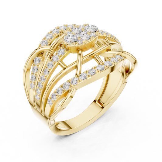 0.76 TCW Multi Row Weave Ring with Round Lab Grown Diamond Centerpiece and Brilliant Pavé Accents