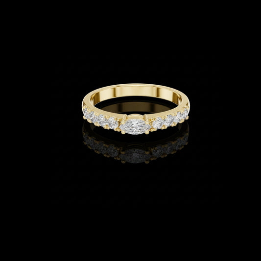 0.10 CT Elongated Marquise Moissanite Diamond Ring with Graduated Round Side Stones & Elegant Half Eternity Band