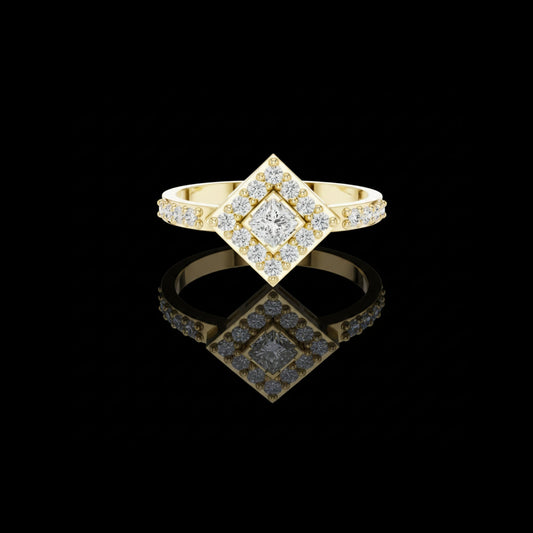 1.25 CT Stunning Princess Cut Square Halo Gold Cluster Lab Diamond Statement Design Ring