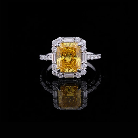Fancy Vivid Yellow Radiant Lab Diamond Ring Halo Set Pave Band