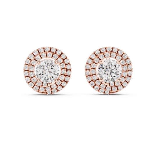 Tiered Double Halo Round Moissanite Diamond Stud Earrings