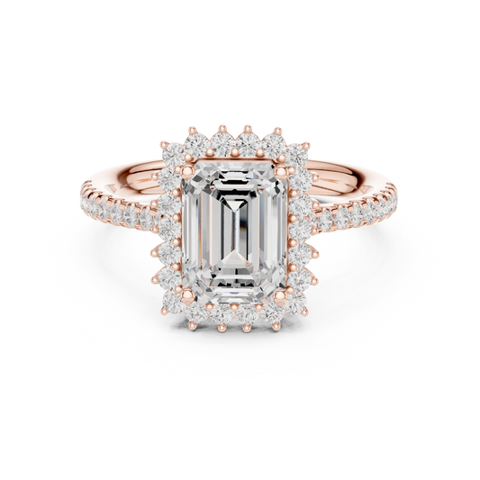 Emerald Cut Halo Moissanite Diamond Ring with Pave Band