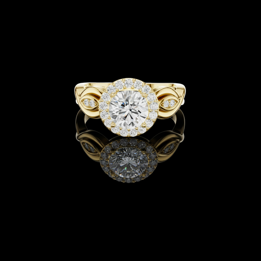 1.00 CT Majestic Bloom Round Halo Lab Grown Diamond Ring with Sculpted Petal Accents