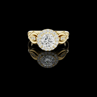 Round Cut Halo Lab Grown Diamond Ring with Sculpted Petal Accents