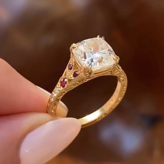 1.1 CT Vintage Inspired Cushion Cut Moissanite Diamond Ring with Ruby Side Accents For Her