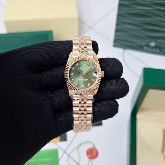 Green Diamond Dial Rose Tone Bracelet Automatic Watch