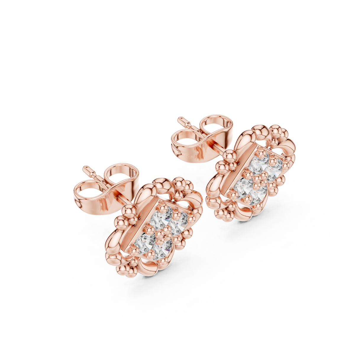 Sculpted Ornate Round Lab Diamond Stud Earrings with Floral Beaded Frame