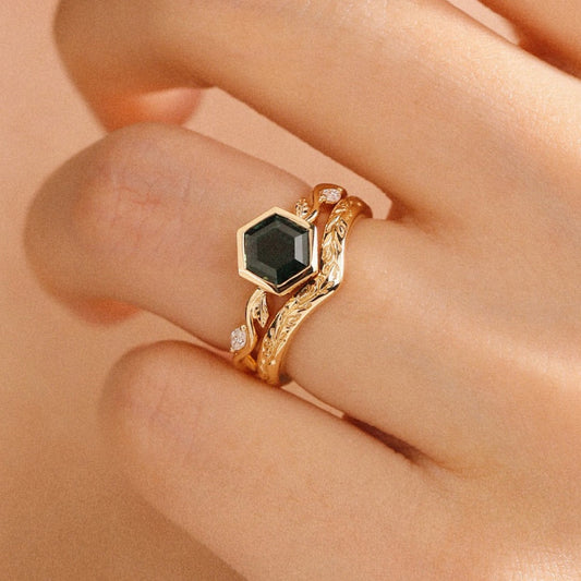1.45 CT Vintage Inspired Moissanite Hexagon Cut Green Diamond Ring with Hand Engraved Band