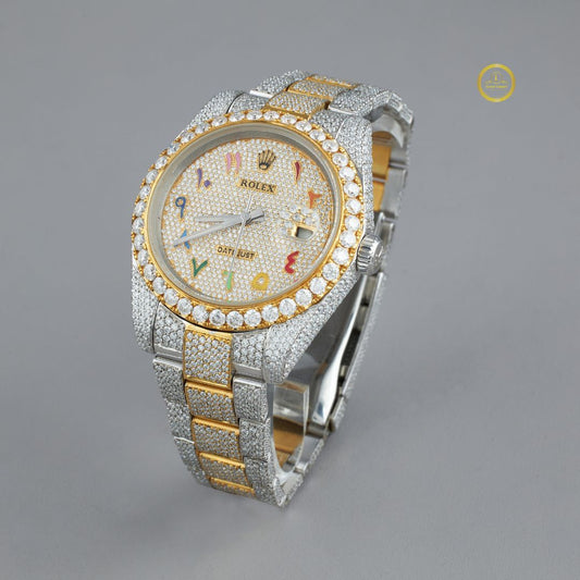 Full Iced Out Two-Tone Diamond Watch with Rainbow Arabic Dial & Day Display