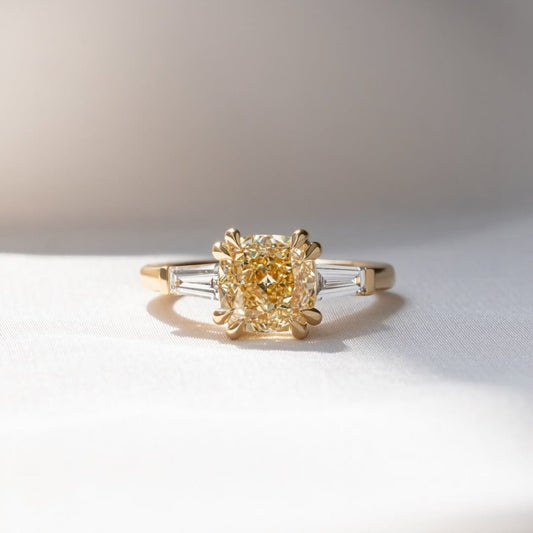 Fancy Yellow Cushion Lab Grown Diamond With Side Baguette Diamond Ring