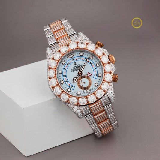 Full Iced Out Two-Tone Diamond Watch with Large Diamond Bezel & Multi-Function Dial