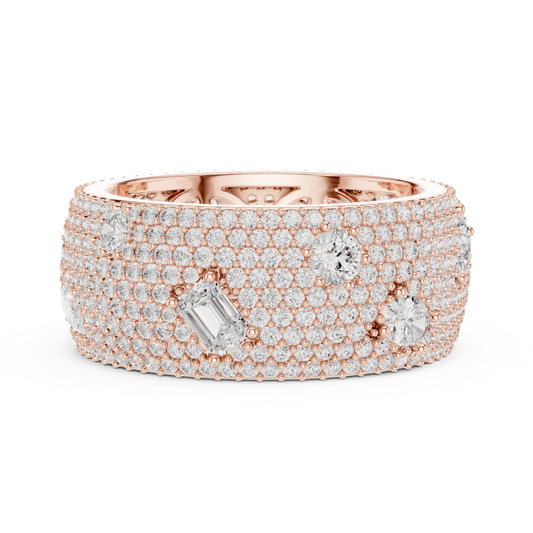 Round Pave Lab Grown Diamond Wide Statement Band with Emerald Accents