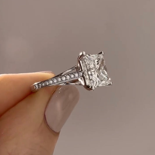 Lab Grown Princess Cut Pave Cathedral Engagement Ring