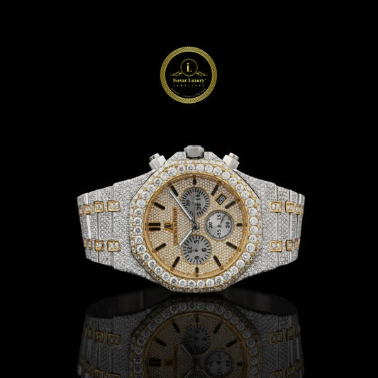 Full Iced Out Two-Tone Diamond Chronograph Watch with Pave Dial & Diamond Bezel
