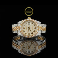 Full Iced Out Two-Tone Diamond Day-Date Watch with Pavé Dial & Roman Numerals