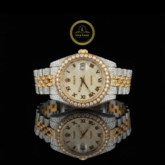 Full Iced Out Two-Tone Diamond Day-Date Watch with Pavé Dial & Roman Numerals