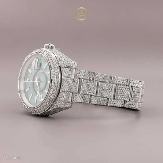 Prestige Iced-Out Diamond Silver Watch with Bold Green Face and Date Display - View 2