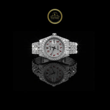 Full Iced Out Diamond Watch with Custom Red Arabic Letter Dial & Diamond Bezel