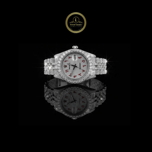 Full Iced Out Diamond Watch with Custom Red Arabic Letter Dial & Diamond Bezel
