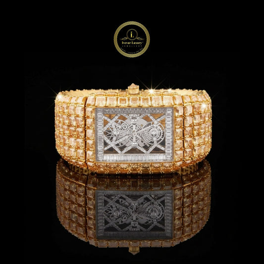 Imperial Majesty Full Gold Diamond Luxury Watch with Asscher and Baguette Cut Stones