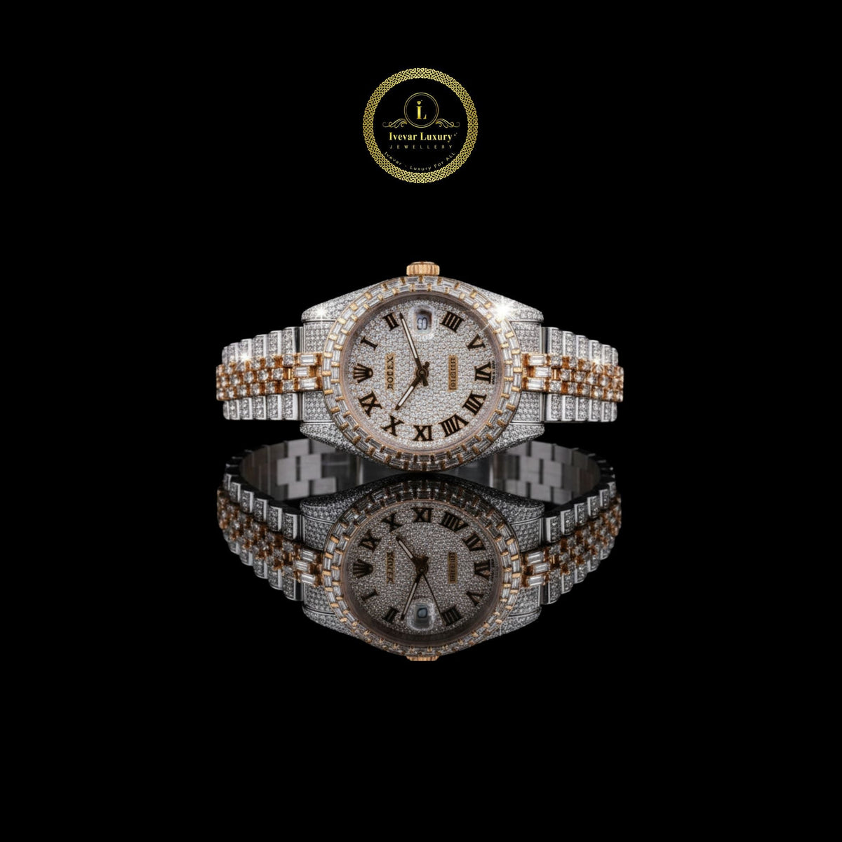 Imperial Gold and Silver Lab Diamond Encrusted Roman Luxury Timepiece with Full Pavé Dial and Baguette-Cut Detailing