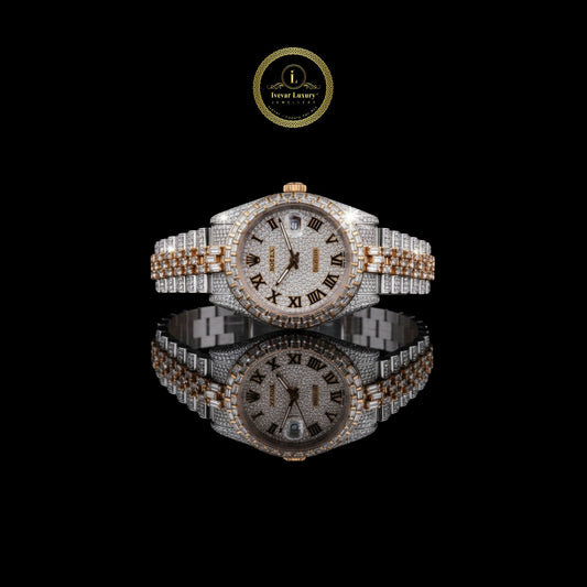 Imperial Gold and Silver Lab Diamond Encrusted Roman Luxury Timepiece with Full Pavé Dial and Baguette-Cut Detailing