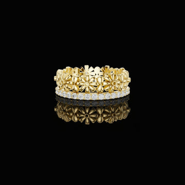 0.57 TCW Imperial Floral Band with Sculpted Blossom Moissanite Round Cut Diamond Ring