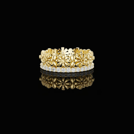 0.57 TCW Imperial Floral Band with Sculpted Blossom lab Grown Round Cut Diamond Ring