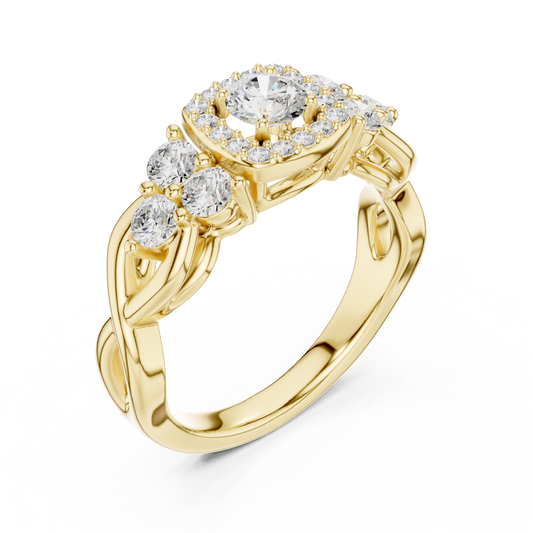 Round Cut Moissanite Diamond Halo with Side Stone Accents Ring
