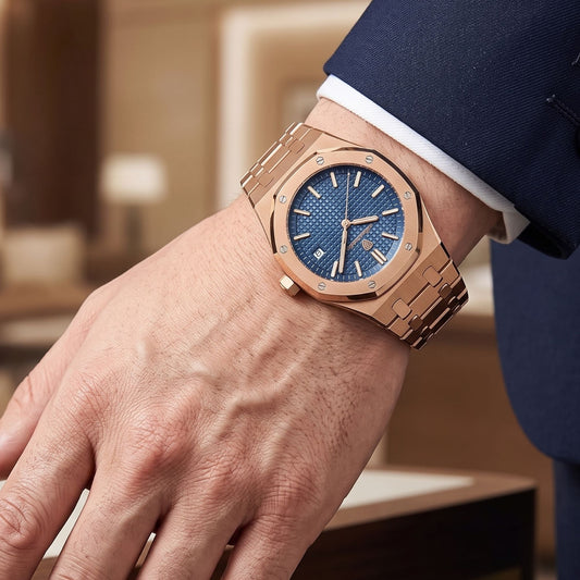 Men's Rose Gold Octagonal Blue Textured Dial Analog Date Watch