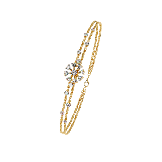 Round Moissanite Diamond Double Strand Bangle Bracelet with Floral Center