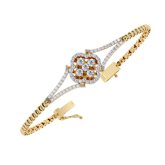 Round Moissanite Diamond Floral Clover Halo Hinged Bangle Bracelet