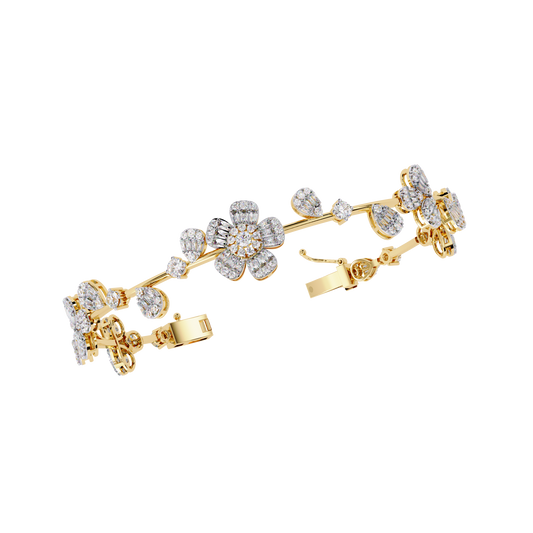 Baguette & Round Cut Lab Diamond Floral Clustered Petal Bracelet