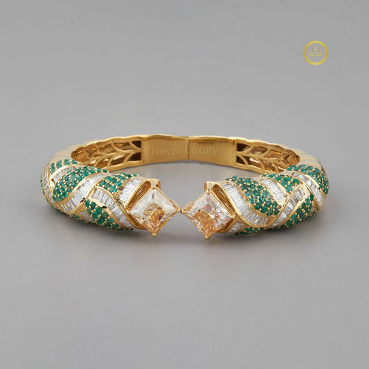 Emerald Cut Moissanite Diamond Crossover Hinged Bangle with Green Pave Bracelet