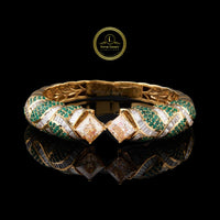 Emerald Cut Moissanite Diamond Crossover Hinged Bangle with Green Pave Bracelet