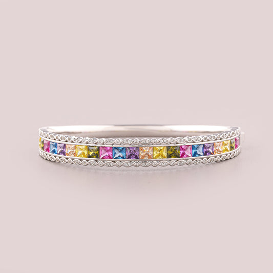 Rainbow Gemstone Channel Hinged Halo Bangle Bracelet
